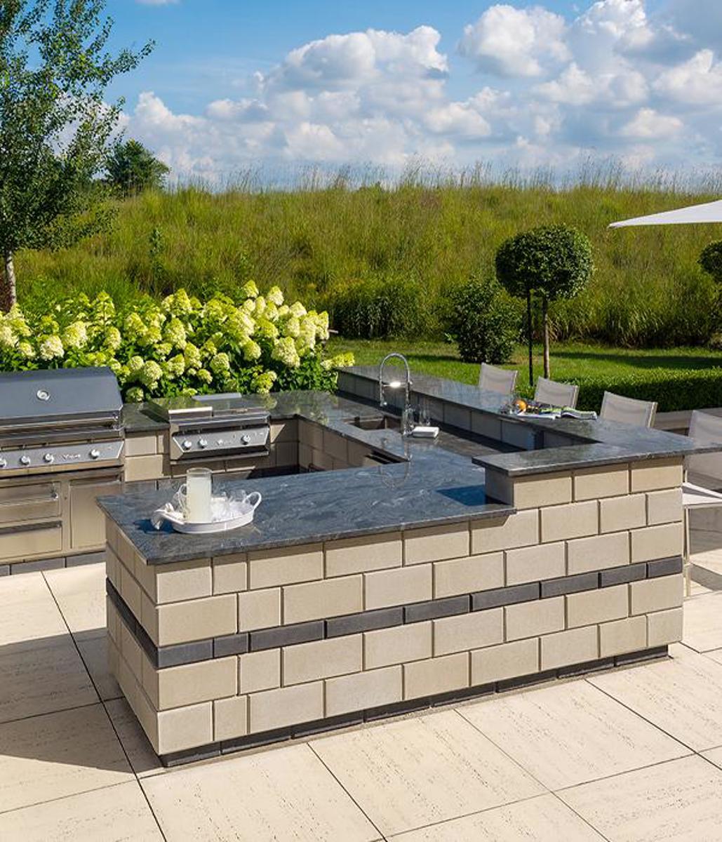Techo bloc by space outdoor kitchens backyard bbq grill island walls slabs beige grey 2